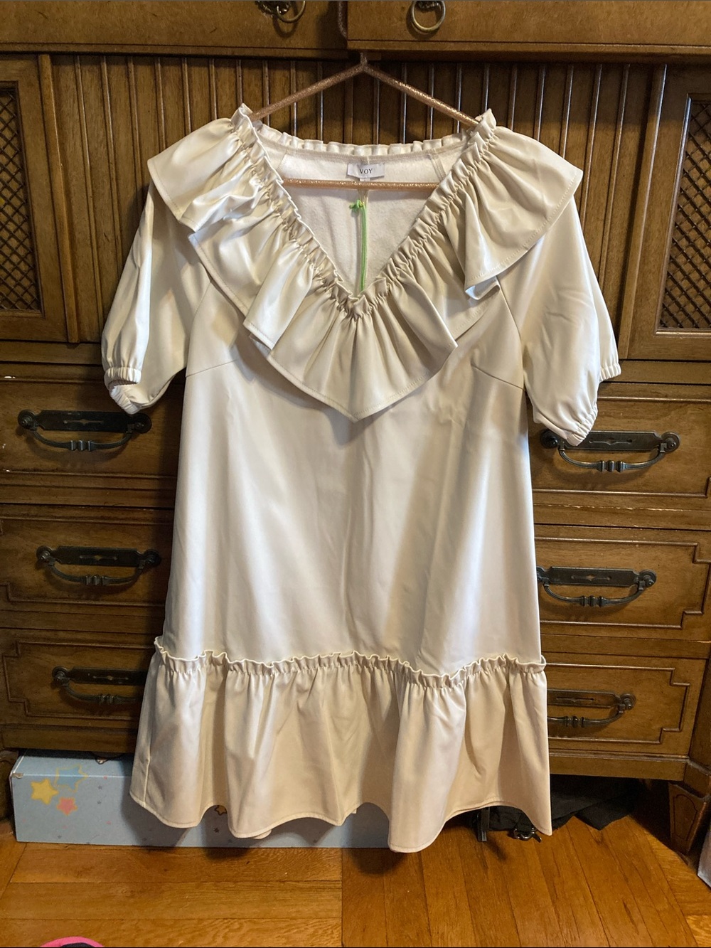 VOY Cream Ruffle Faux Leather Mini V-Neck Dress